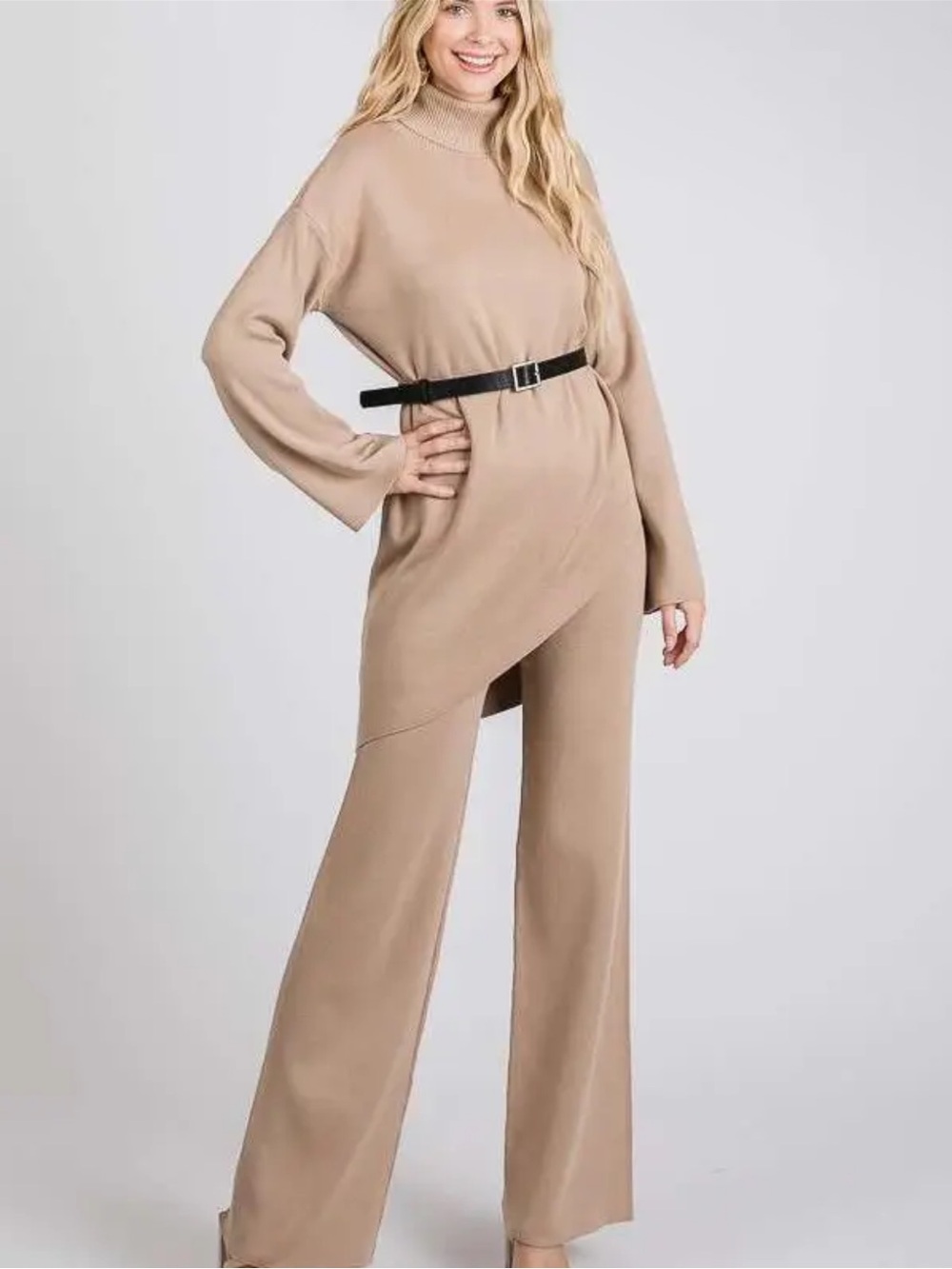 RIVIR Block Party Belted Turtleneck Pant Set Tan Large NWT